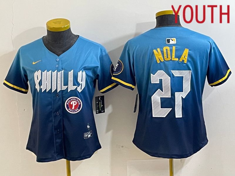 Youth Philadelphia Phillies #27 Nola Blue City Edition Nike 2024 MLB Jersey style 2->youth mlb jersey->Youth Jersey
